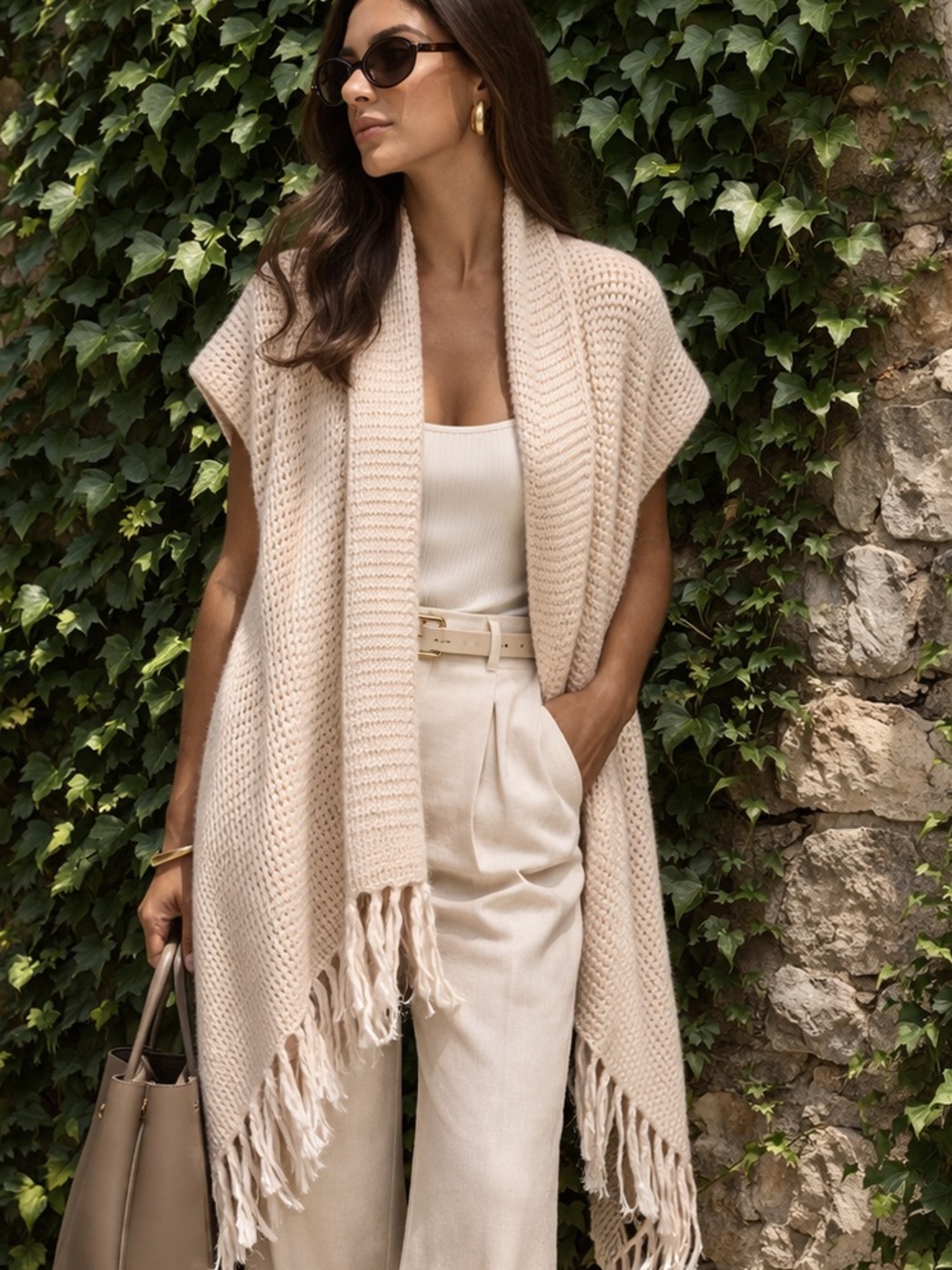 DESIGN HISTORY Soft, Draped Marled Tan and Cream Fringed Waterfall Cardigan, S